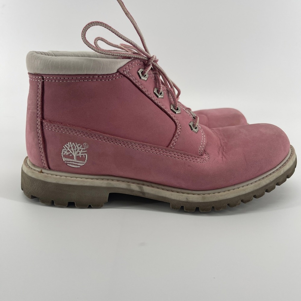Timberland Pink Nubuck Leather Ankle Boots Womens‎ Size 5.5W Lace Up Tree Logo